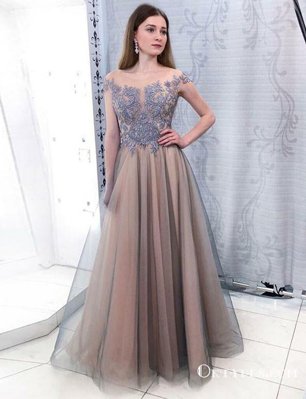 Charming Off The Shoulder Gray Long Prom Dresses With Appliques, TYP1763