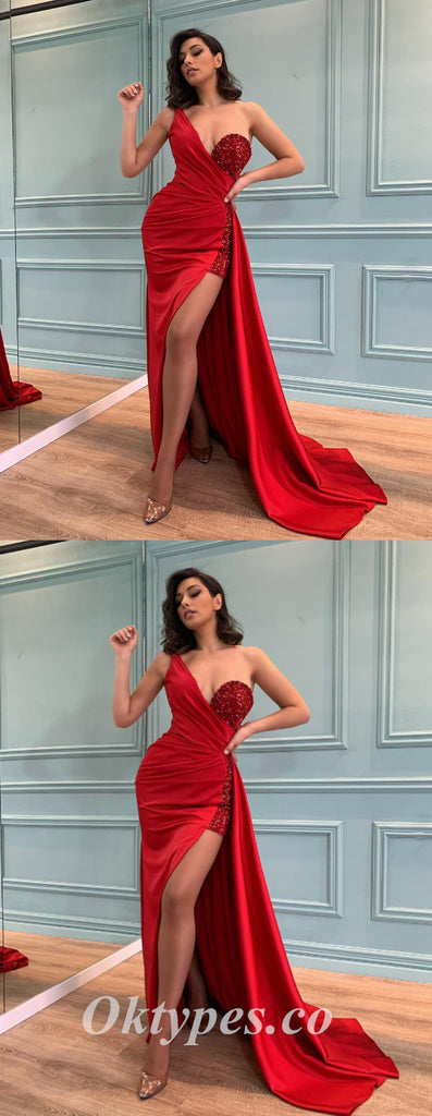Sexy Red Sequin Satin One Shoulder V-Neck Sleeveless Side Slit Mermaid Long Prom Dresses/Evening Dresses,PDS0483