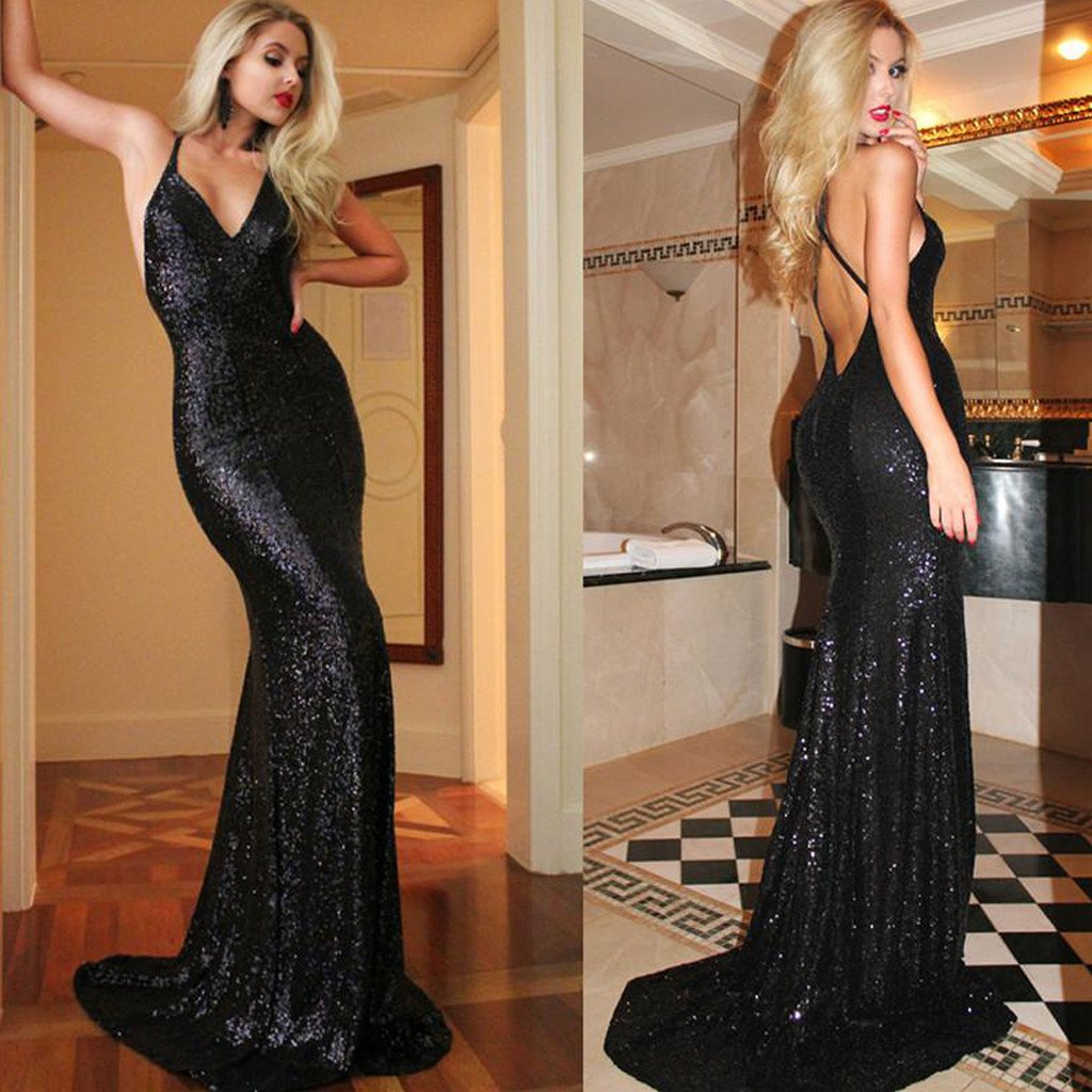 Sexy Black Sequin Spaghetti V-neck Long Mermaid Prom Dresses, TYP0045
