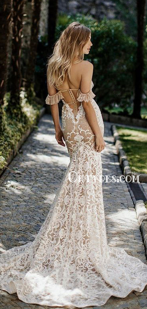 Elegant Off-shoulder Mermaid Lace Tulle Wedding Dresses, WDS0096
