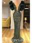 Sexy Shiny Sequin Short Sleeve Deep V-Neck Mermaid Long prom Dresses, PDS0836