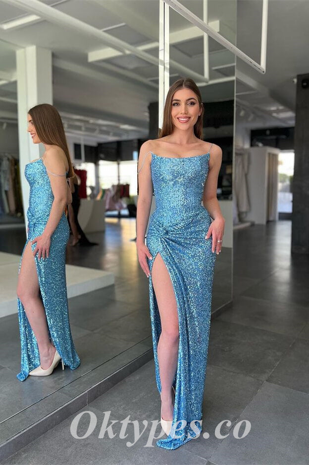 Sexy Sequin Spaghetti Straps Side Slit Mermaid Long Prom Dresses , PDS0877