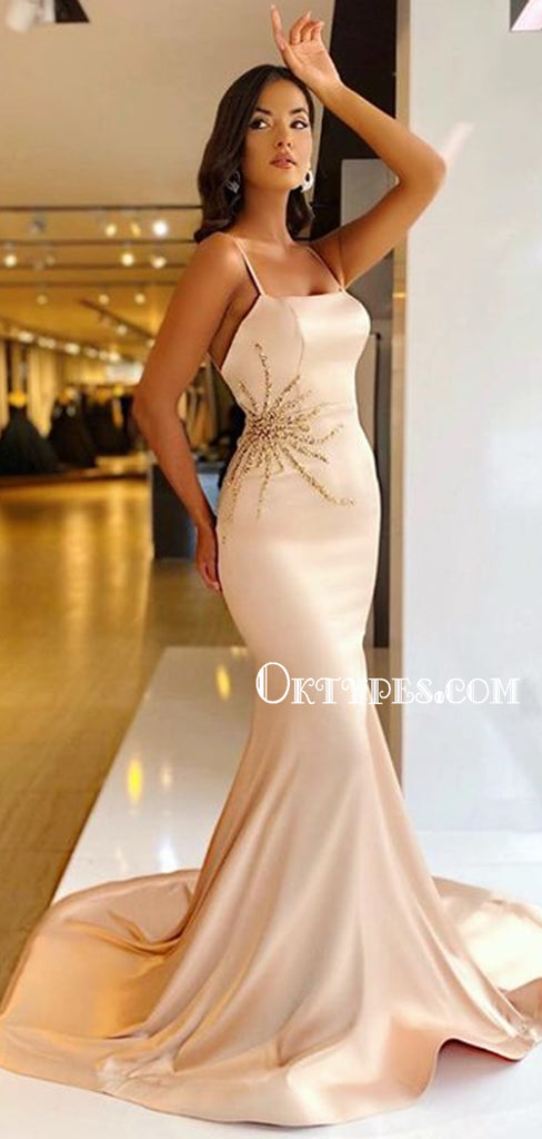 Spaghetti Strap Mermaid Soft Satin Simple Long Prom Dresses Online, PDS0204