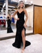 Sexy Charming Black Sequin Spaghetti Straps V-Neck Sleeveless Side Slit Mermaid Long Prom Dresses With Feather,PDS0654
