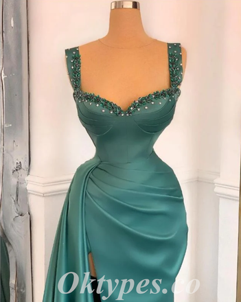 Sexy Satin Spaghetti Straps V-Neck Sleeveless Side Slit Mermaid Long Prom Dresses,PDS0602