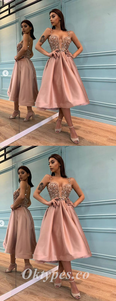 Sexy Sequin Top Satin Bottom Spaghetti Straps V-Neck Sleeveless A-Line Prom Dresses/Homecoming Dresses,PDS0484