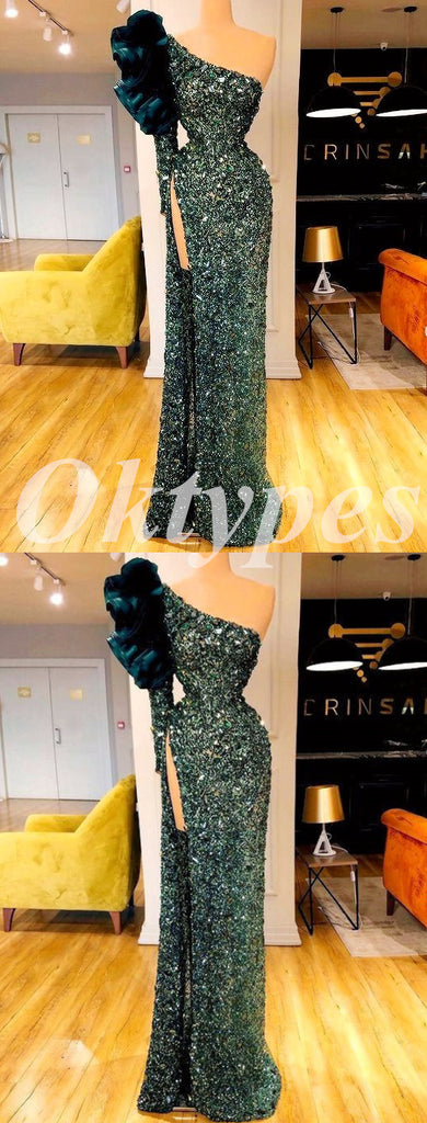Sexy Shiny Sequin One Shoulder Long Sleeve Side Slit Mermaid Long prom Dresses, PDS0837