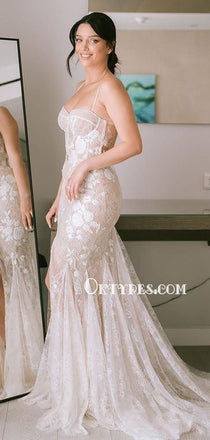 Spaghetti Straps Mermaid Lace Tulle Simple Wedding Dresses, WDS0098