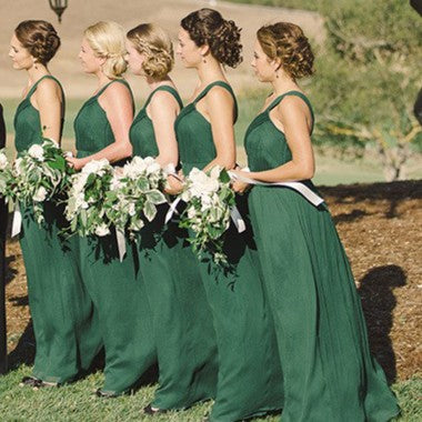 Green Casual One Shoulder Long Cheap Chiffon Bridesmaid Dresses, TYP1480
