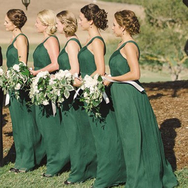Green Casual One Shoulder Long Cheap Chiffon Bridesmaid Dresses, TYP1480