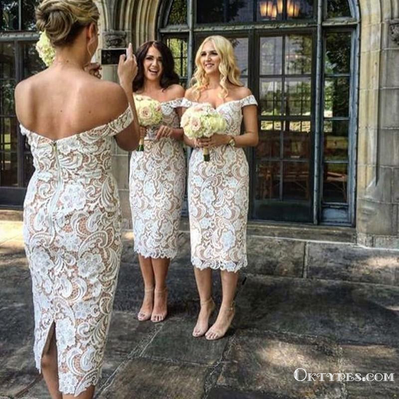 Sheath Off-the-Shoulder Short Ivory Lace Bridesmaid Dresses with Slit, TYP1939