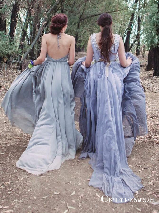 A-Line Halter Backless Grey Chiffon Bridesmaid Dresses with Appliques, TYP1839