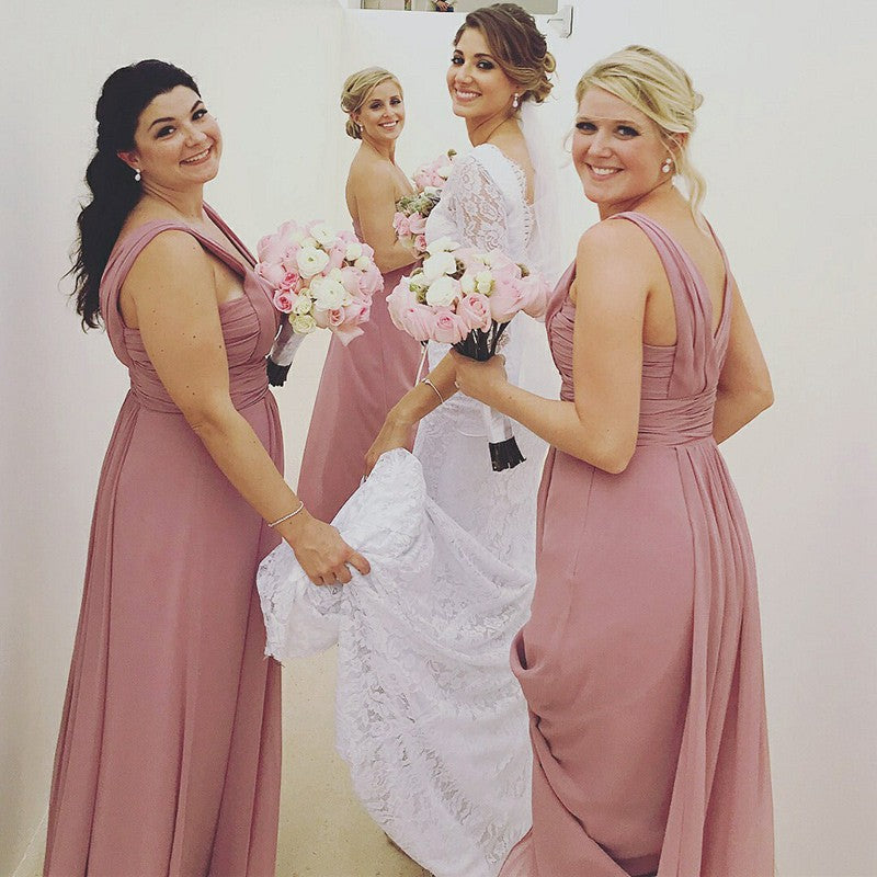 Mismatched V-Neck Long Dusty Pink Chiffon Bridesmaid Dresses with Pleats, TYP1535
