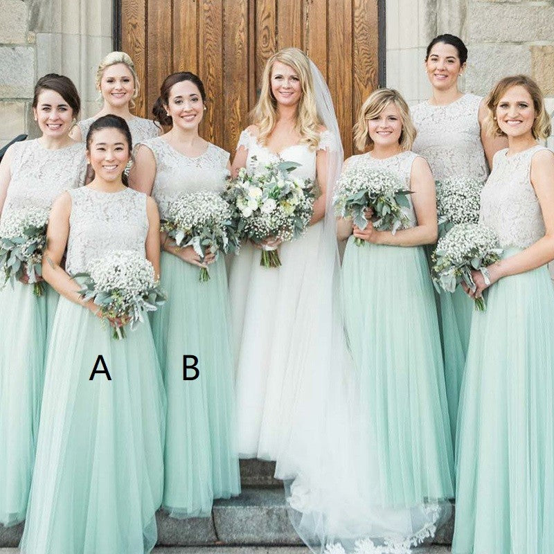 A-Line Round Neck Mint Green Bridesmaid Dress with Lace, TYP1407