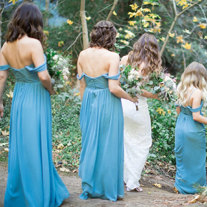 A-Line Off-the-Shoulder Sky Blue Chiffon Bridesmaid Dresses, TYP1405
