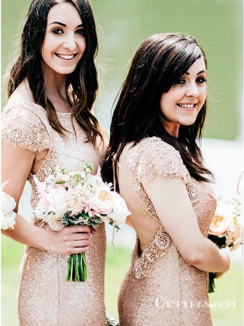Mermaid Round Neck Rose Gold Sequined Bridesmaid Dresses with Beaded, TYP1772