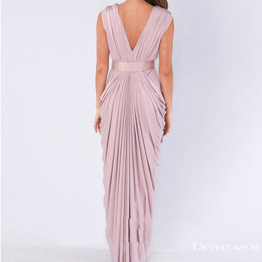 Sheath V Neck Sweep Train Pink Bridesmaid Dresses With Ruched, TYP1936