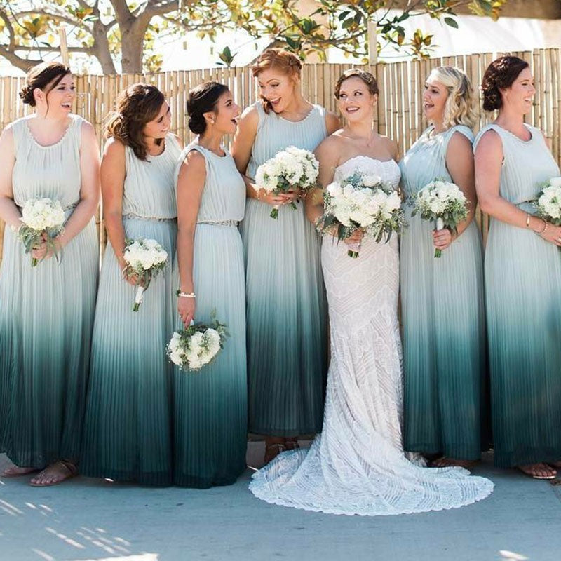 A-Line Round Neck Long Ombre Chiffon Bridesmaid Dress with Pleats, TYP Oktypes A-Line Round Neck Long Ombre Chiffon Bridesmaid Dress with Pleats, TYP Oktypes