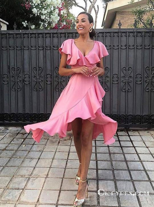 Pink V Neck Short Sleeve High Low Bridesmaid Dresses With Ruched, TYP1874