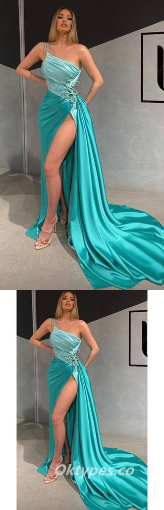 Sexy Satin One Shoulder Sleeveless Mermaid Side Slit Long Prom Dresses With Pleats,PDS0448
