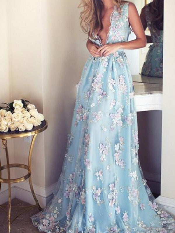 V-neck Sleeveless Blue tulle Appliques Prom Dresses, Affordable Long A-line Prom Dress, TYP0651
