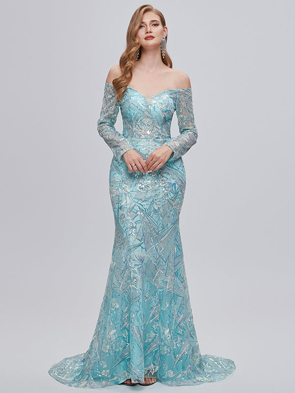 Elegant Special Fabric Off Shoulder Long Sleeve Side Slit Mermaid Long Prom Dresses,PDS0422