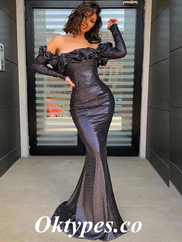 Sexy Special Fabric Off Shoulder Long sleeve Mermaid Long Prom Dresses, PDS0860