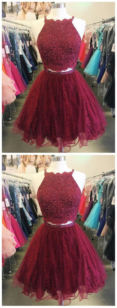 Two Piece Cheap Short Lace Beaded Dark Red Homecoming Dresses 2018, CM482