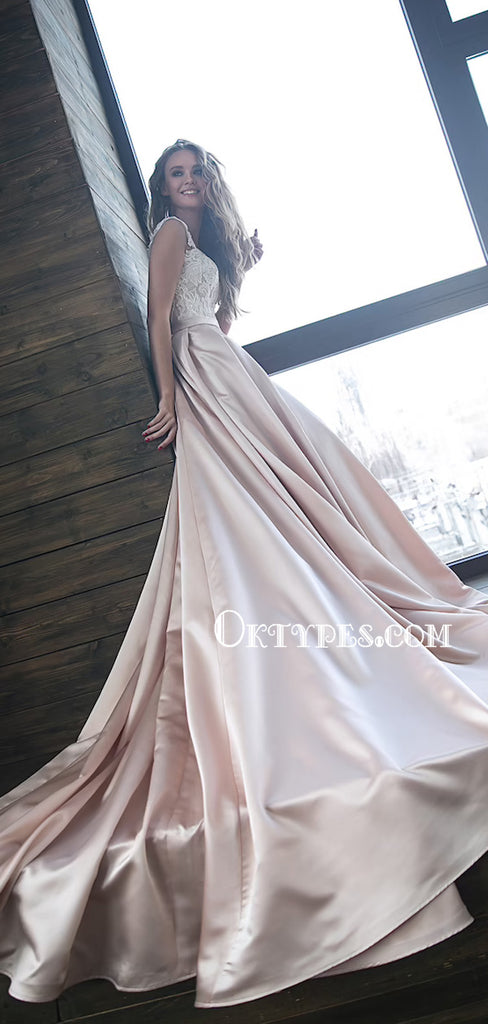 Charming Off-shoulder A-line Satin Lace Long Wedding Dresses, WDS0081