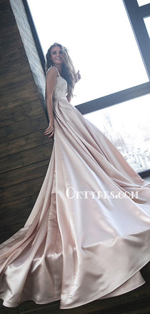 Charming Off-shoulder A-line Satin Lace Long Wedding Dresses, WDS0081