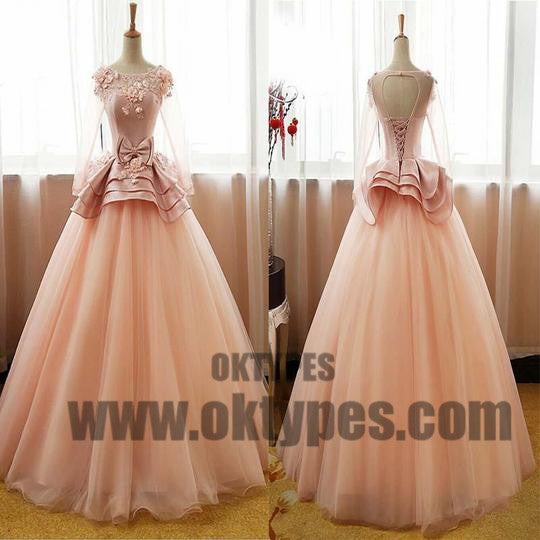 Long Floor Length Tulle Prom Dresses, Appliques Prom Dresses, Long Sleeve Prom Dresses, Lace Up Prom Dresses, TYP0306