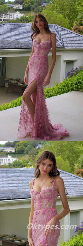 Elegant Pink Tulle Lace Spaghetti Straps Side Slit Mermaid Long Prom Dresses,PDS0411
