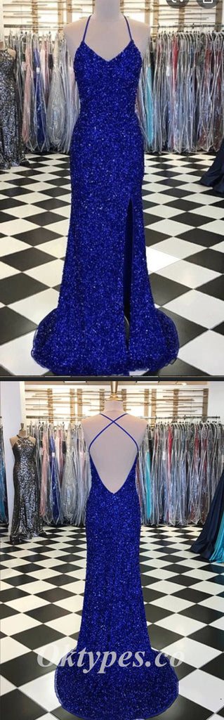 Sexy Shiny Sequin Halter V-Neck Sleeveless Criss Cross Mermaid Long Prom Dresses,PDS0500
