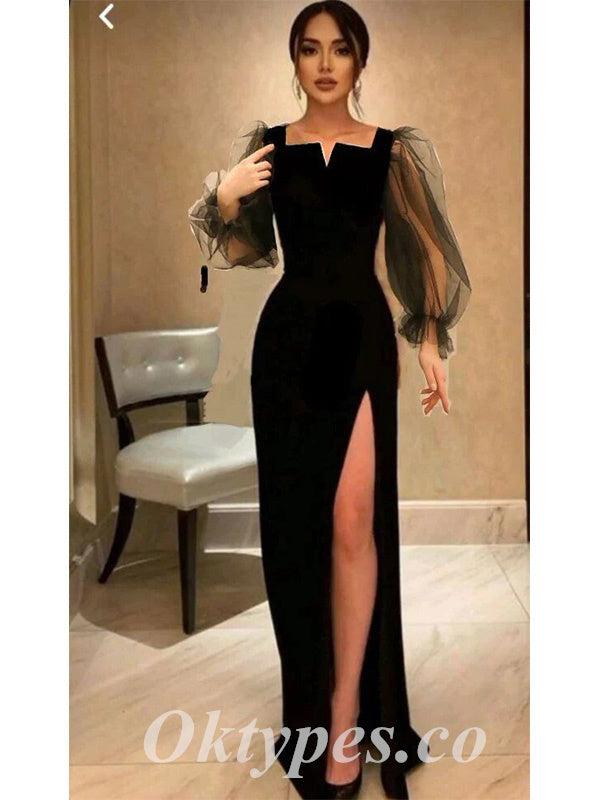 Elegant Black Tulle And Satin Long Sleeve Side Slit Sheath Long Prom Dresses,PDS0727
