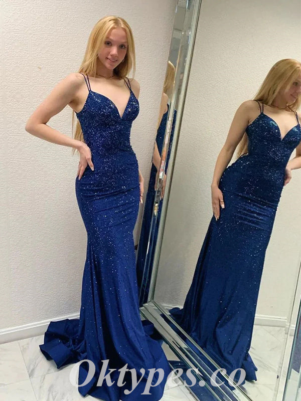 Sexy Royal Blue Sequin Satin Spaghetti Straps V-Neck Lace Up Back Mermaid Long Prom Dresses,PDS0594
