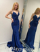Sexy Royal Blue Sequin Satin Spaghetti Straps V-Neck Lace Up Back Mermaid Long Prom Dresses,PDS0594