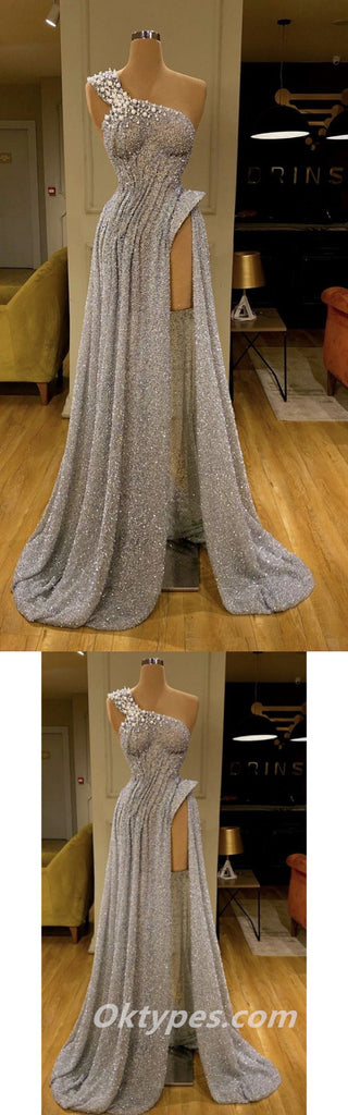 Sexy Sequin One Shoulder Sleeveless Side Slit Mermaid Long Prom Dresses With Beading,PDS0391