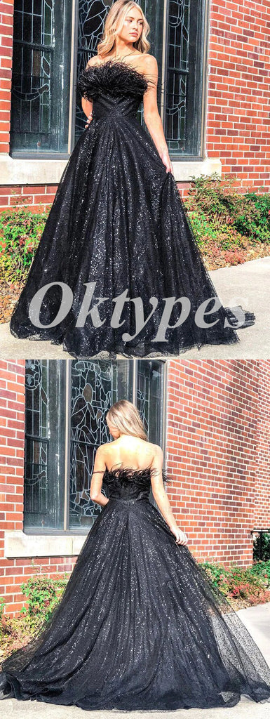 Sexy Black Sequin Tulle Sweetheart Sleeveless A-Line Long Prom Dresses,PDS0748