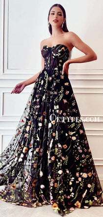 Unique Gorgeous Black Floral Embroidered Long Prom Dresses, TYP1730