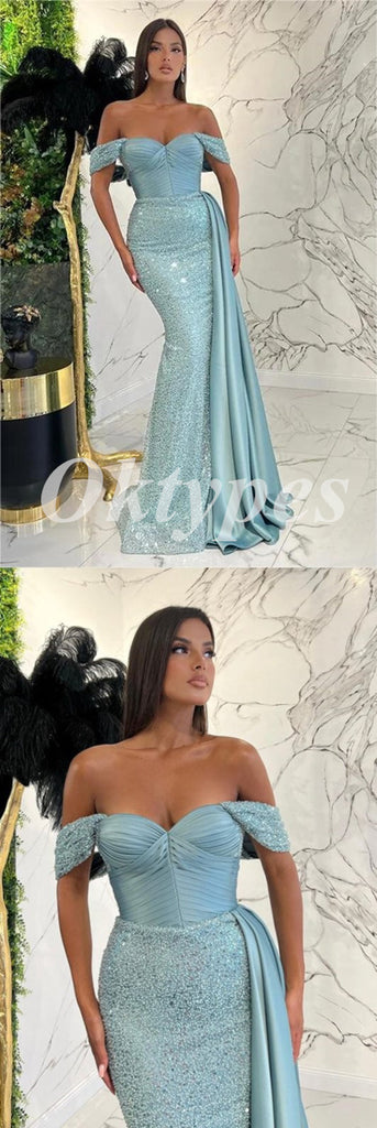 Elegant Sequin And Satin Off Shoulder Sleeveless Mermaid Long Prom Dresses With Trailing,PDS0776