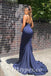 Elegant Satin Spaghetti Straps V-Neck Mermaid Long Prom Dresses With Rhinestone,PDS0795