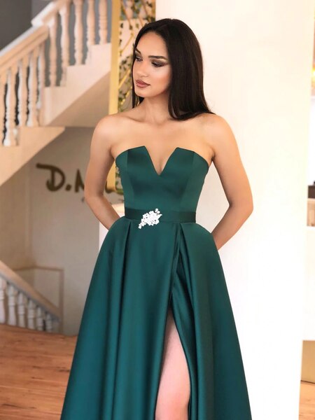New Arrival Charming Satin Long Belt Strapless High Slit Green A Line Cheap Formal Evening Prom Dresses, PDS0048