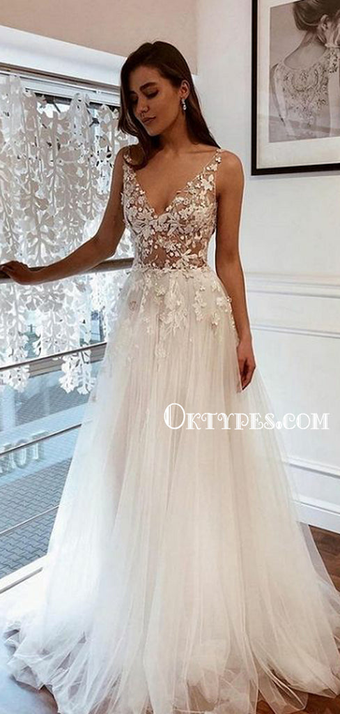 Simple A-Line Tulle Lace V-neck Evening Dress, Bridal Weding Dresses, TYP1163