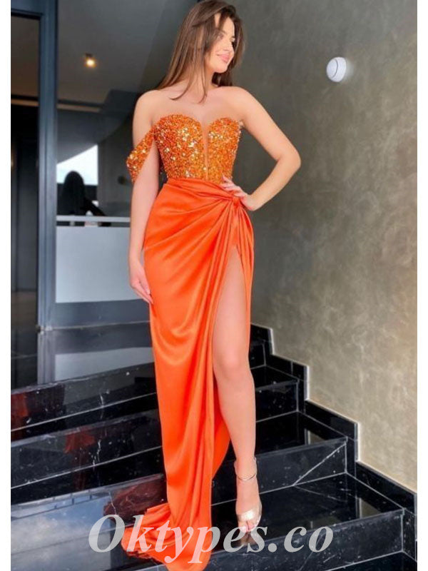 Sexy Orange Sequin Top Satin Bottom One Shoulder Sleeveless Side Slit Mermaid Long Prom Dresses,PDS0669