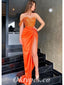 Sexy Orange Sequin Top Satin Bottom One Shoulder Sleeveless Side Slit Mermaid Long Prom Dresses,PDS0669