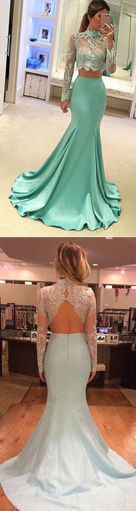 Pretty Two Pieces High Neck Long Sleeve Lace Prom Dress, Sexy Mermaid Prom Dress, TYP0029