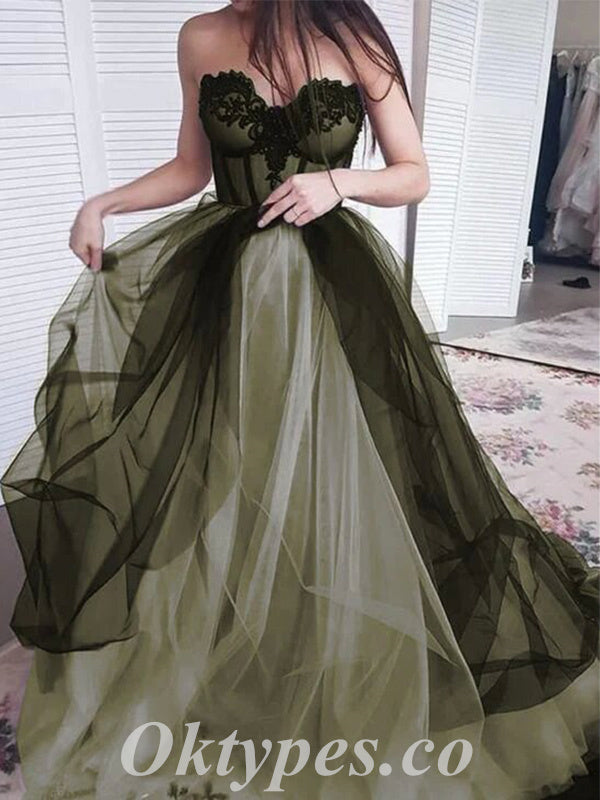 Elegant Tulle Sweetheart V-Neck Sleeveless A-Line Long Prom Dresses With Applique,PDS0720