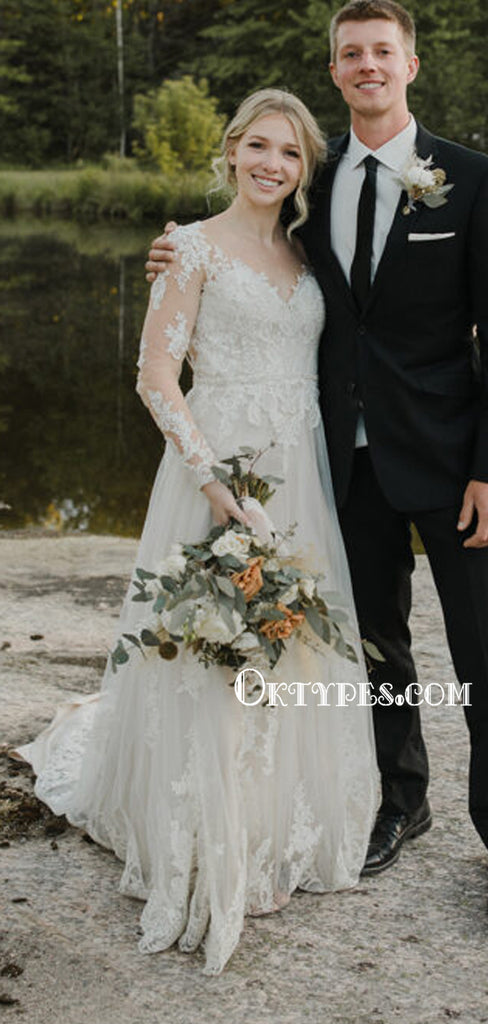 Amazing V-Neck A-Line Lace Appliques Open Back Wedding Dresses, TYP0837
