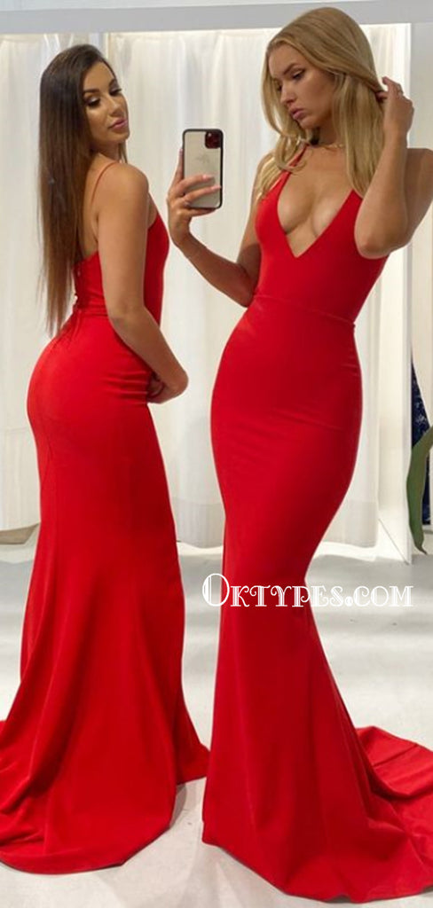 Sexy Red Mermaid Open Back Cheap Long Prom Dresses, PDS0157