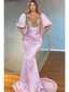 Sexy Satin V-Neck Half Sleeve Mermaid Long Prom Dresses With Rhinestone,PDS0742